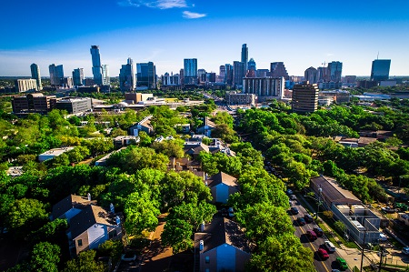 Aerial view of Austin neighborhood and downtown skyline